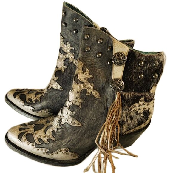 CORRAL ANKLE BOOTIES*BOOTS*FRINGE STUDS DISTRESSED METALLIC COWHIDE 9 - Picture 2 of 10